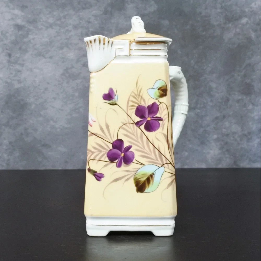 Antique Hand Painted Violet Floral Porcelain Coffee Pot